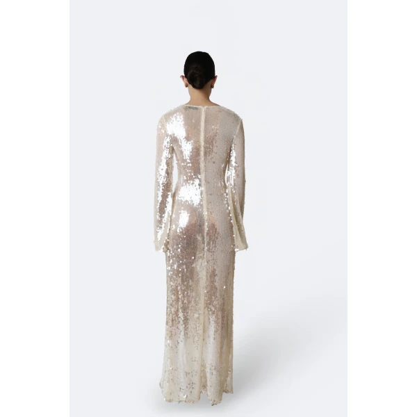 mesh sequin longsleeve gown with side tucks