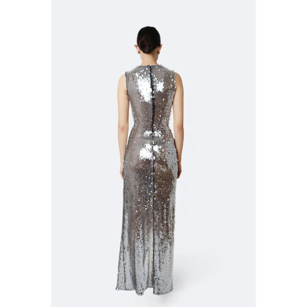 mesh sequin sleeveless gown with sash