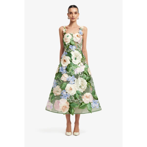 Leo Lin Beatrice Floral Hand Embroidered Midi Dress  - Leo Lin Dress - Australian Luxury Fashion - Shop at Luxury Shoes 