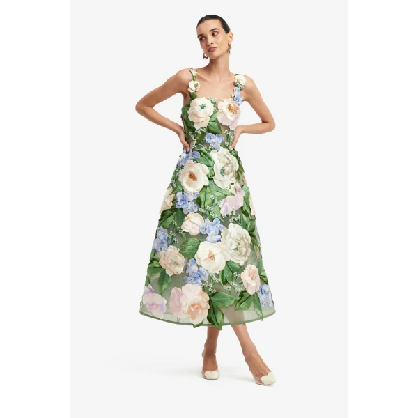 Leo Lin Beatrice Floral Hand Embroidered Midi Dress  - Leo Lin Dress - Australian Luxury Fashion - Shop at Luxury Shoes 