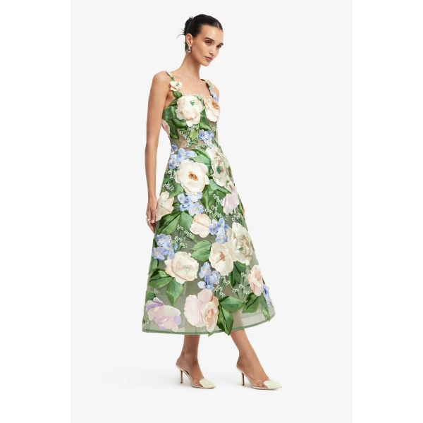 Leo Lin Beatrice Floral Hand Embroidered Midi Dress  - Leo Lin Dress - Australian Luxury Fashion - Shop at Luxury Shoes 