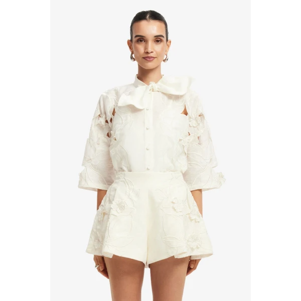 Leo Lin Brooklyn Appliqué Bow Puff Sleeve Top  - Leo Lin Dress - Australian Luxury Fashion - Shop at Luxury Shoes 