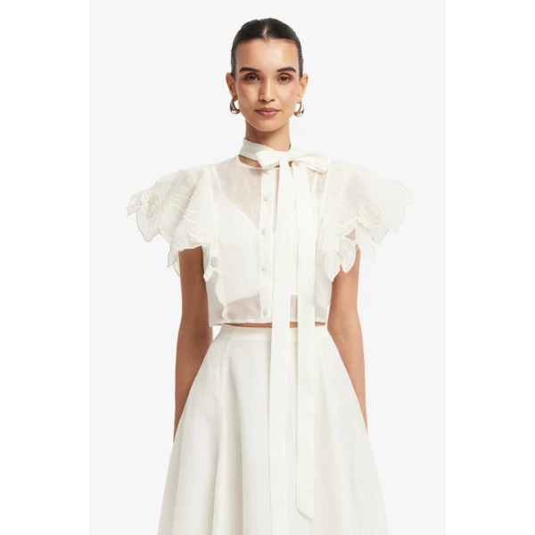Leo Lin Jasmine Appliqué Flutter Sleeve Top  - Leo Lin Dress - Australian Luxury Fashion - Shop at Luxury Shoes 