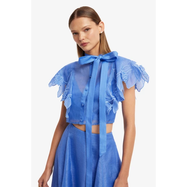 Leo Lin Jasmine Appliqué Flutter Sleeve Top  - Leo Lin Dress - Australian Luxury Fashion - Shop at Luxury Shoes 
