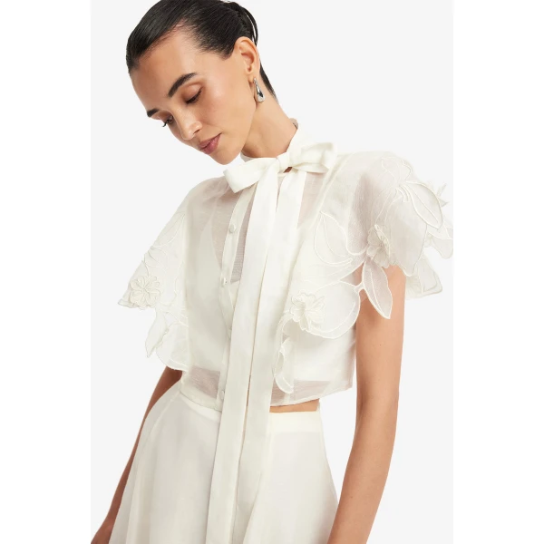 Leo Lin Jasmine Appliqué Flutter Sleeve Top  - Leo Lin Dress - Australian Luxury Fashion - Shop at Luxury Shoes 