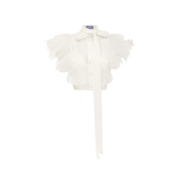 Leo Lin Jasmine Appliqué Flutter Sleeve Top  - Leo Lin Dress - Australian Luxury Fashion - Shop at Luxury Shoes 