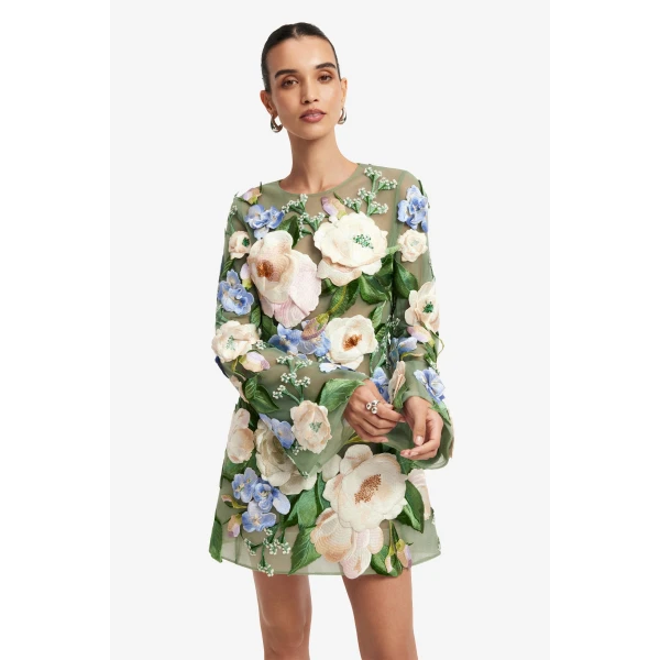 Leo Lin Suzanne Floral Hand Embroidered Bell Sleeve Mini Dress  - Leo Lin Dress - Australian Luxury Fashion - Shop at Luxury Shoes 