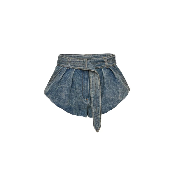 Magda Butrym Flared denim shorts with underlayer in vintage blue