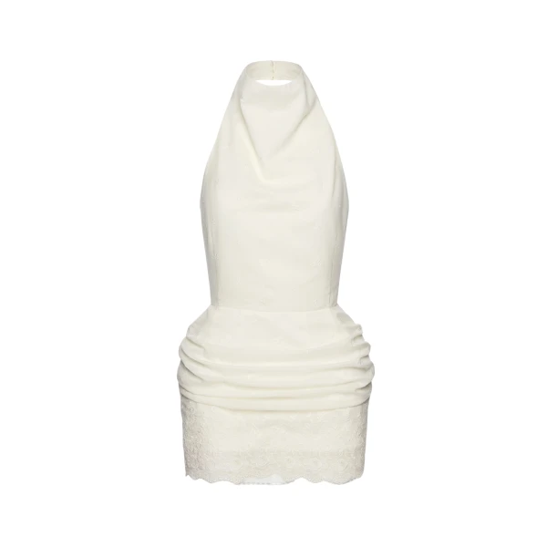 Magda Butrym Halterneck mini dress with draped embroidered skirt in cream