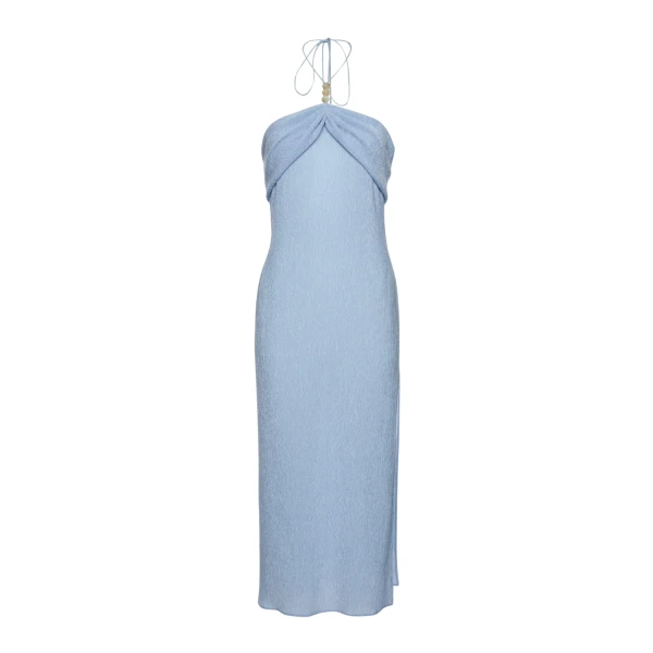 Magda Butrym Long halterneck dress with draped neckline in light blue