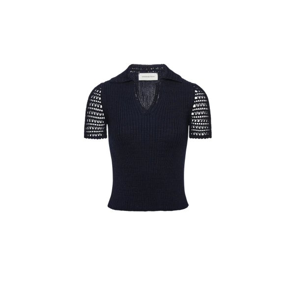 Magda Butrym Ribbed polo knit top in navy