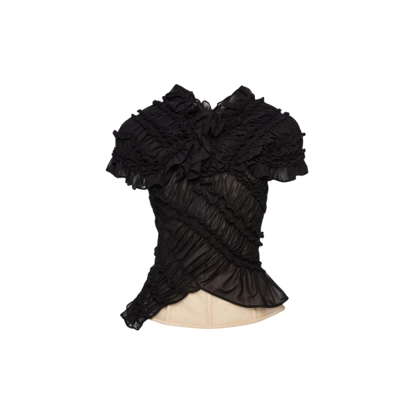 Magda Butrym Ruched cotton short sleeve corset blouse in black