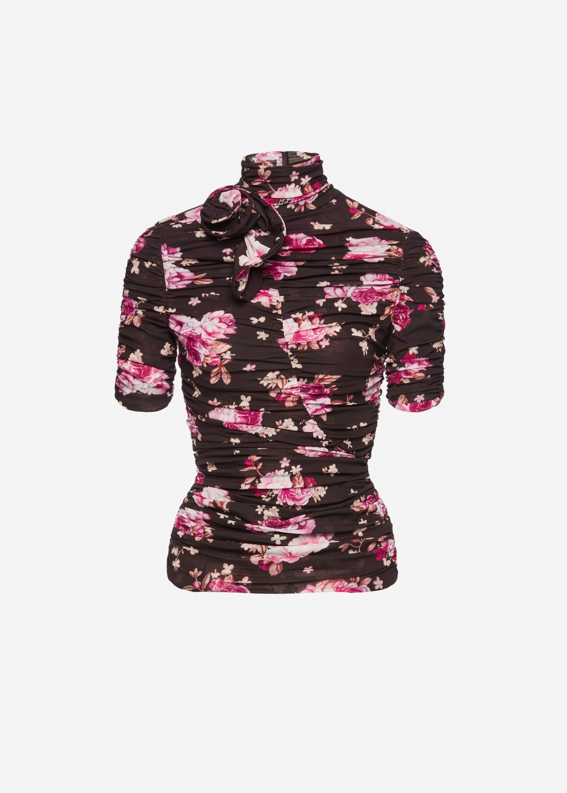 Magda Butrym Ruched floral silk-blend top in brown print at Luxury Shoes Magda Butrym Ruched floral silk-blend top in brown print