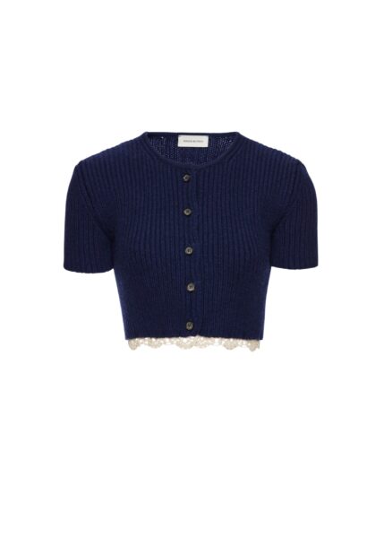 Magda Butrym Short-sleeve crochet-trim cropped cardigan in navy