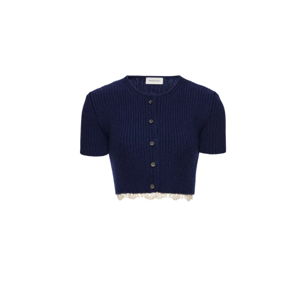 Magda Butrym Short-sleeve crochet-trim cropped cardigan in navy