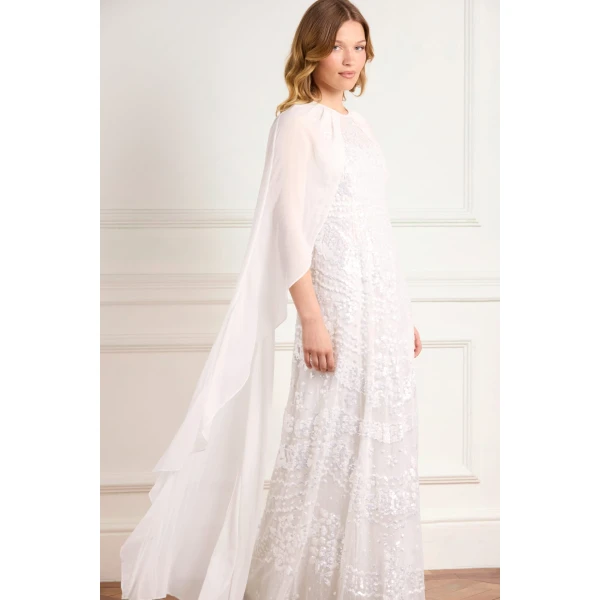 Needle & Thread Anais Sequin Cape Gown in Swan White - Dresses - British Luxury Evening Wear at Luxury Shoes 