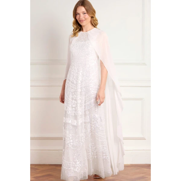 Needle & Thread Anais Sequin Cape Gown in Swan White - Dresses - British Luxury Evening Wear at Luxury Shoes 