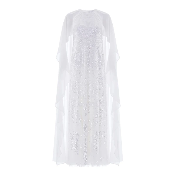 Needle & Thread Anais Sequin Cape Gown in Swan White - Dresses - British Luxury Evening Wear at Luxury Shoes 