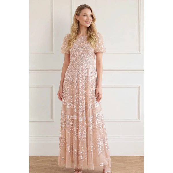 Needle & Thread Anais Sequin Short Sleeve Gown in Biscuit - Dresses - British Luxury Evening Wear at Luxury Shoes 