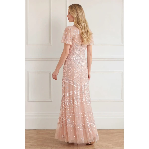 Needle & Thread Anais Sequin Short Sleeve Gown in Biscuit - Dresses - British Luxury Evening Wear at Luxury Shoes 