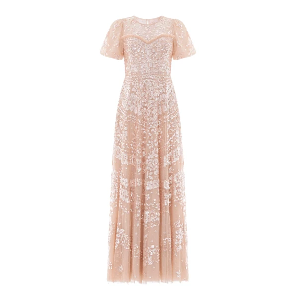 Needle & Thread Anais Sequin Short Sleeve Gown in Biscuit - Dresses - British Luxury Evening Wear at Luxury Shoes 
