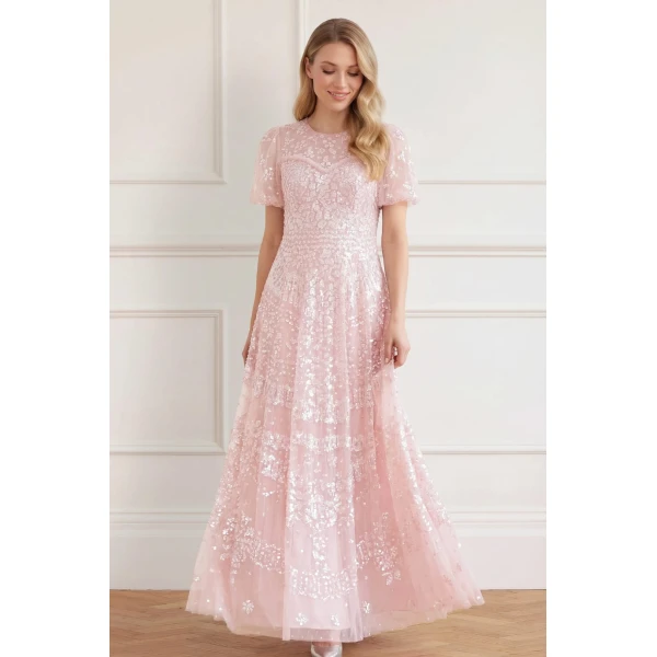 Needle & Thread Anais Sequin Short Sleeve Gown in Shell - Dresses - British Luxury Evening Wear at Luxury Shoes 