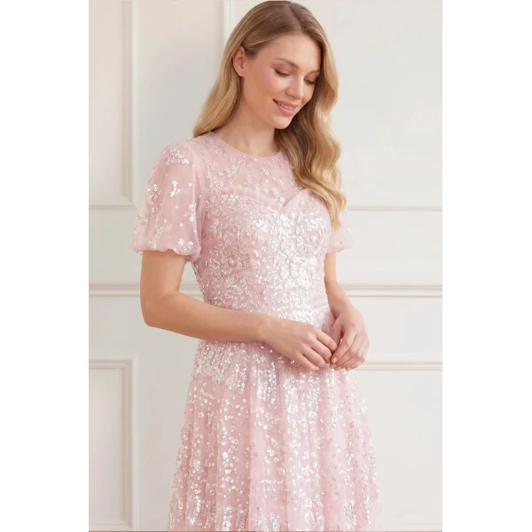 Needle & Thread Anais Sequin Short Sleeve Gown in Shell - Dresses - British Luxury Evening Wear at Luxury Shoes 