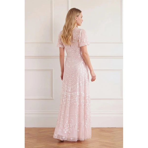 Needle & Thread Anais Sequin Short Sleeve Gown in Shell - Dresses - British Luxury Evening Wear at Luxury Shoes 