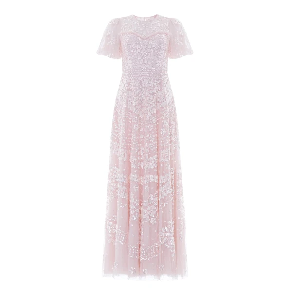 Needle & Thread Anais Sequin Short Sleeve Gown in Shell - Dresses - British Luxury Evening Wear at Luxury Shoes 