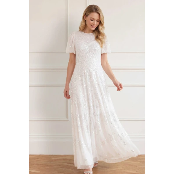 Needle & Thread Anais Sequin Short Sleeve Gown in Swan White - Dresses - British Luxury Evening Wear at Luxury Shoes 