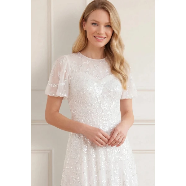 Needle & Thread Anais Sequin Short Sleeve Gown in Swan White - Dresses - British Luxury Evening Wear at Luxury Shoes 
