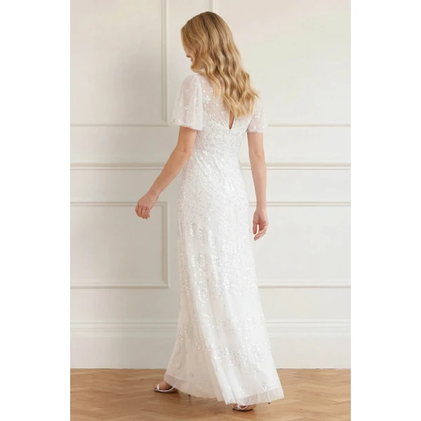Needle & Thread Anais Sequin Short Sleeve Gown in Swan White - Dresses - British Luxury Evening Wear at Luxury Shoes 