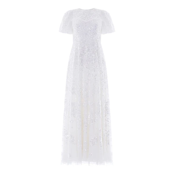 Needle & Thread Anais Sequin Short Sleeve Gown in Swan White - Dresses - British Luxury Evening Wear at Luxury Shoes 