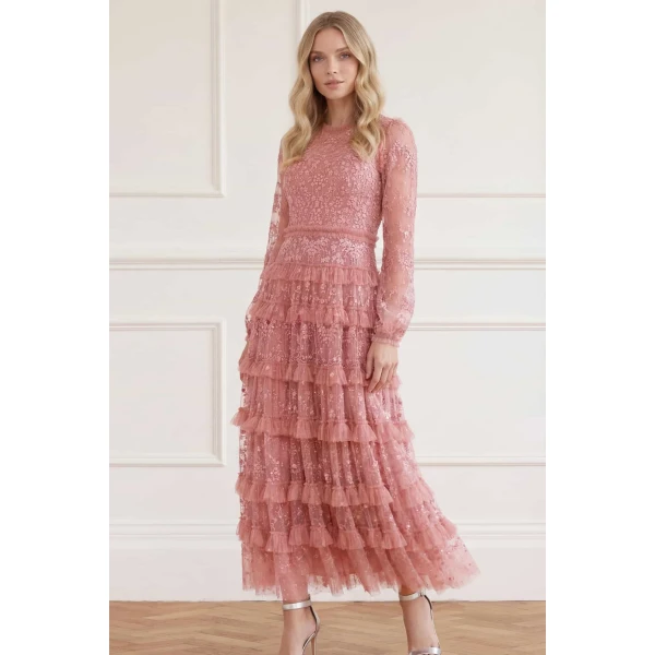 Needle & Thread Blossom Lace Ankle Gown in Misty Rose - Dresses - British Luxury Evening Wear at Luxury Shoes 