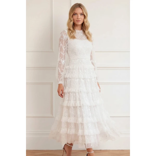 Needle & Thread Blossom Lace Ankle Gown in Swan White - Dresses - British Luxury Evening Wear at Luxury Shoes 