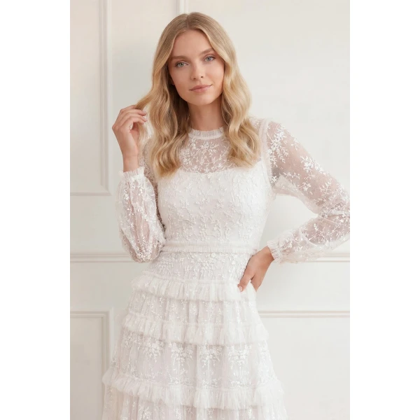 Needle & Thread Blossom Lace Ankle Gown in Swan White - Dresses - British Luxury Evening Wear at Luxury Shoes 