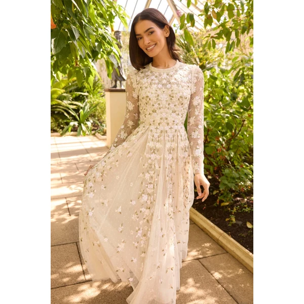 Needle & Thread Camellia Ditsy Ankle Gown in Cream/Multi - Dresses - British Luxury Evening Wear at Luxury Shoes 
