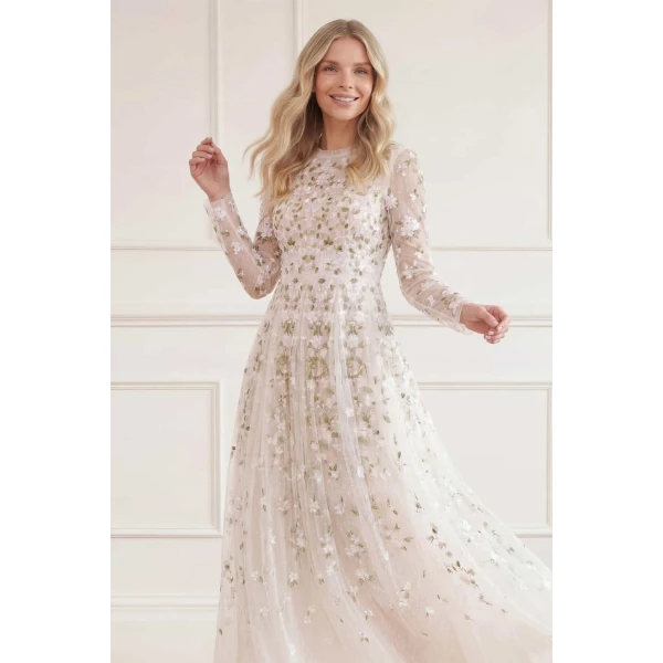 Needle & Thread Camellia Ditsy Ankle Gown in Cream/Multi - Dresses - British Luxury Evening Wear at Luxury Shoes 