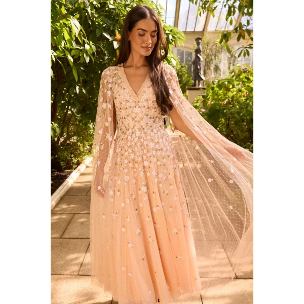 Needle & Thread Camellia Ditsy Cape Sleeve Ankle Gown in Apricot Blush/Multi - Dresses - British Luxury Evening Wear at Luxury Shoes 