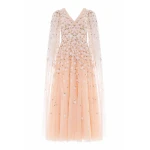 Needle & Thread Camellia Ditsy Cape Sleeve Ankle Gown in Apricot Blush/Multi - Dresses - British Luxury Evening Wear at Luxury Shoes 