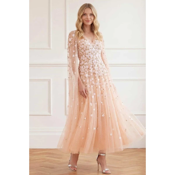 Needle & Thread Camellia Ditsy Cape Sleeve Ankle Gown in Apricot Blush/Multi - Dresses - British Luxury Evening Wear at Luxury Shoes 