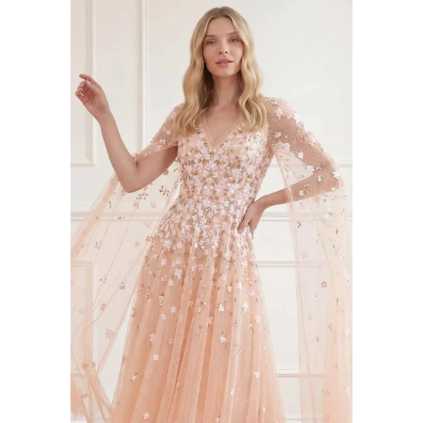 Needle & Thread Camellia Ditsy Cape Sleeve Ankle Gown in Apricot Blush/Multi - Dresses - British Luxury Evening Wear at Luxury Shoes 