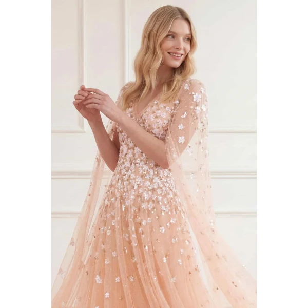 Needle & Thread Camellia Ditsy Cape Sleeve Ankle Gown in Apricot Blush/Multi - Dresses - British Luxury Evening Wear at Luxury Shoes 