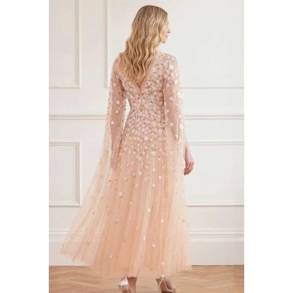 Needle & Thread Camellia Ditsy Cape Sleeve Ankle Gown in Apricot Blush/Multi - Dresses - British Luxury Evening Wear at Luxury Shoes 