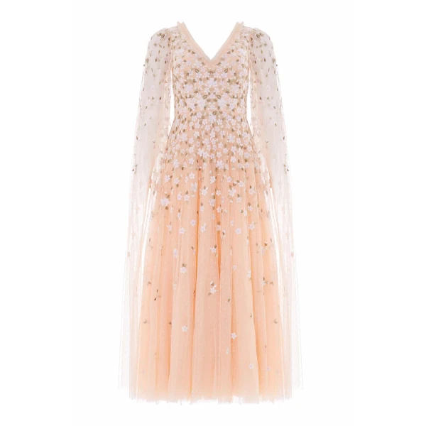 Needle & Thread Camellia Ditsy Cape Sleeve Ankle Gown in Apricot Blush/Multi - Dresses - British Luxury Evening Wear at Luxury Shoes 