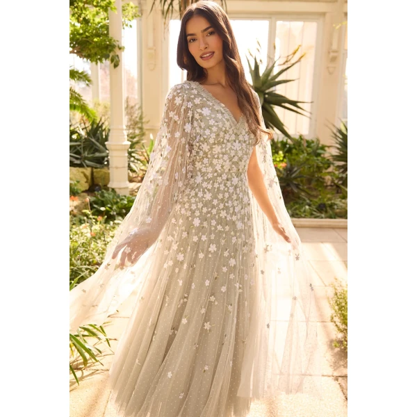 Needle & Thread Camellia Ditsy Cape Sleeve Ankle Gown in Seafoam/Multi - Dresses - British Luxury Evening Wear at Luxury Shoes 