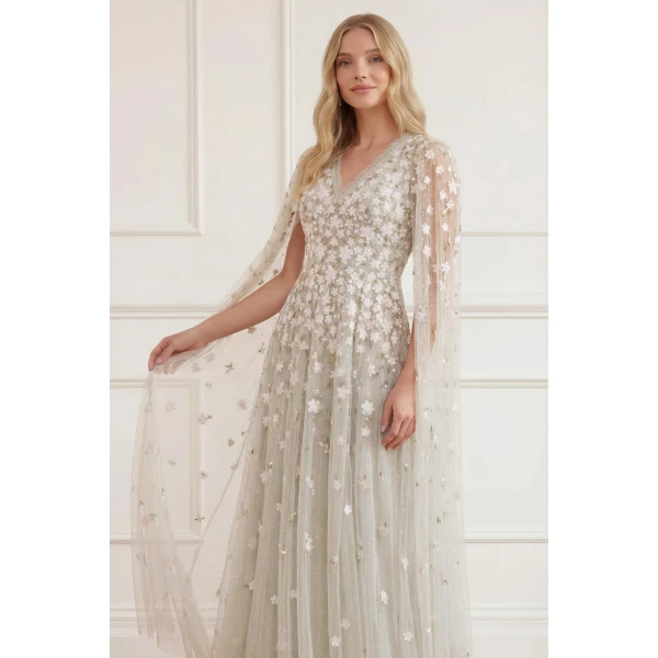 Needle & Thread Camellia Ditsy Cape Sleeve Ankle Gown in Seafoam/Multi - Dresses - British Luxury Evening Wear at Luxury Shoes 