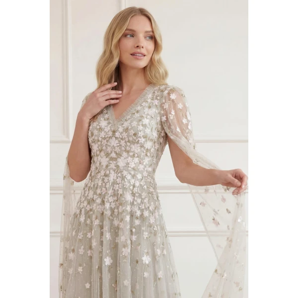 Needle & Thread Camellia Ditsy Cape Sleeve Ankle Gown in Seafoam/Multi - Dresses - British Luxury Evening Wear at Luxury Shoes 