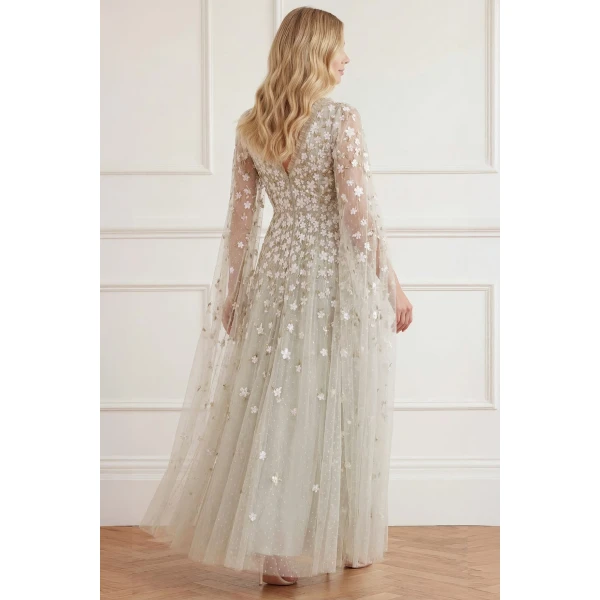 Needle & Thread Camellia Ditsy Cape Sleeve Ankle Gown in Seafoam/Multi - Dresses - British Luxury Evening Wear at Luxury Shoes 