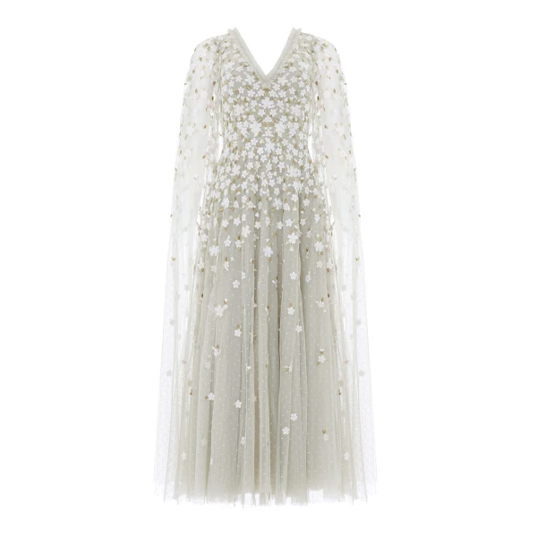 Needle & Thread Camellia Ditsy Cape Sleeve Ankle Gown in Seafoam/Multi - Dresses - British Luxury Evening Wear at Luxury Shoes 